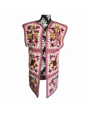 Handmade Crochet Granny Square Vest Pink Purple Boho Medium Large